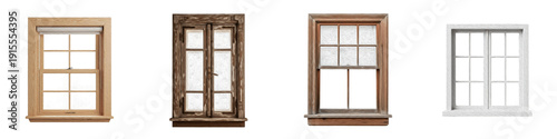 Konstfotografi Wooden Window Frames and Glass Panes Set Isolated on White Background PNG, Classic Timber Double Hung and Casement Windows Collection, Residential Home Construction