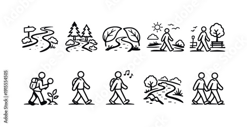 Hiking, outdoor linear icon set. Nature, adventure, exploration icons collection