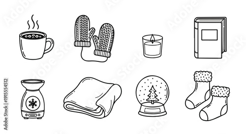 Cozy winter items including a cup of coffee, mittens, and a snow globe Vector