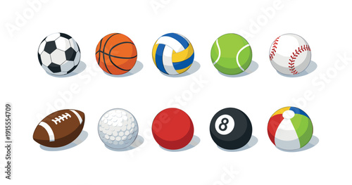 Sports equipment icon set. Football, basketball, tennis, golf 3d icon collection