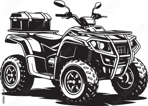 Utility quad bike silhouette with cargo box for farm work and off road transport adventure in monochrome graphic design