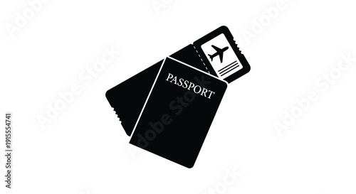 A stack of two passports with a plane ticket peeking out depicted as a striking black silhouette high quality