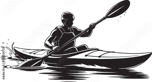 Kayak black and white monochrome drawing illustration, kayaker paddling on water, isolated on transparent background