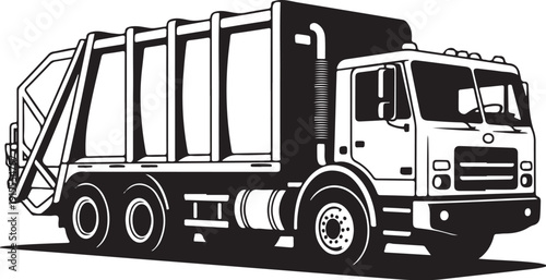 Garbage truck black and white monochrome drawing illustration, municipal waste transport vehicle, isolated on transparent background