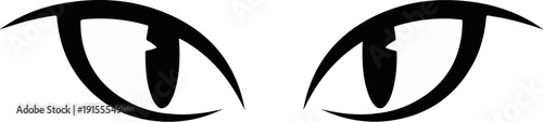 Black stylized eyes with cat-like pupils, sharp and intense