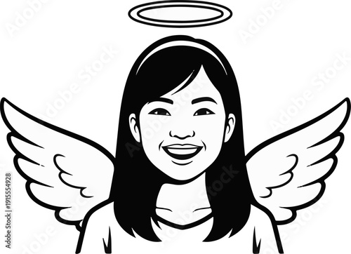 Cheerful young girl with wings and halo, illustrated in black and white