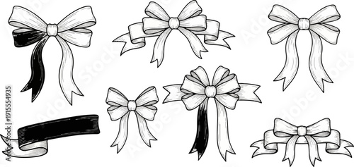 Collection of hand-drawn ribbons and bows in a vintage etching style