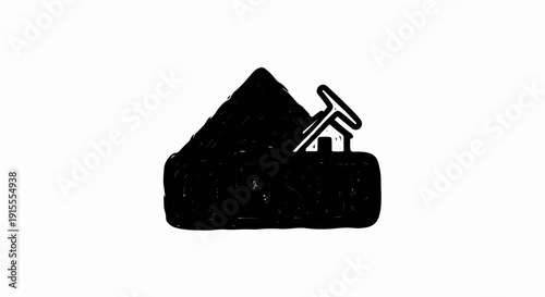 Black silhouette of a mountain with a house and pickaxe on a rugged base