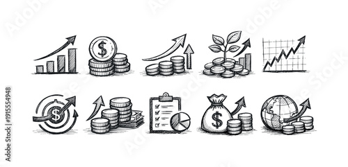Finance, economic growth outline icon set. Investment, money, currency symbols collection.
