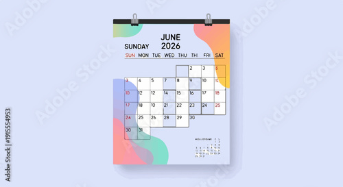 Colorful abstract art adorns a June 2026 calendar pinned to a wall