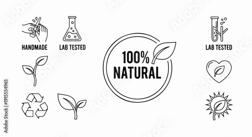 Collection of icons related to natural, organic, and tested products