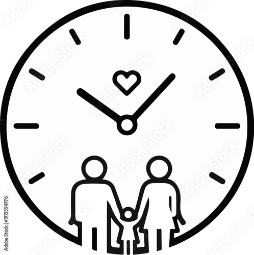 Clock face with a heart and family silhouette, symbolizing time and love