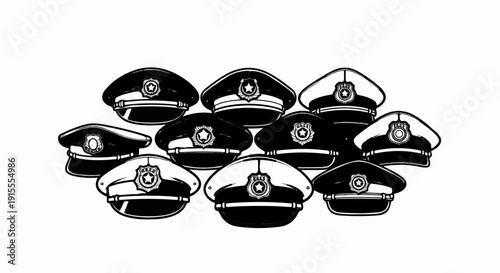 Collection of illustrated police caps with badges, in a black and white outline style