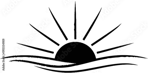 Black sun rising over stylized wavy lines, graphic symbol