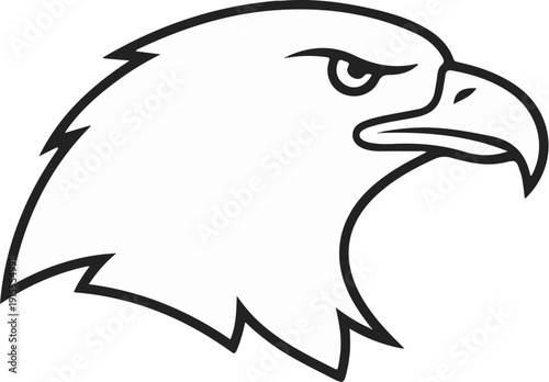 Bold black outline of an eagle's head, profile view, sharp beak and intense eyes