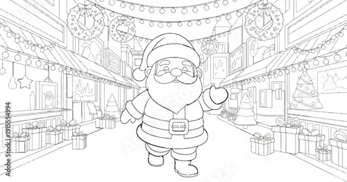 Cheerful Santa walks down a decorated street lined with gifts