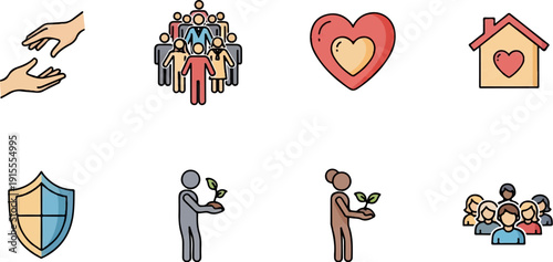 Collection of icons representing charity, community, health, and growth