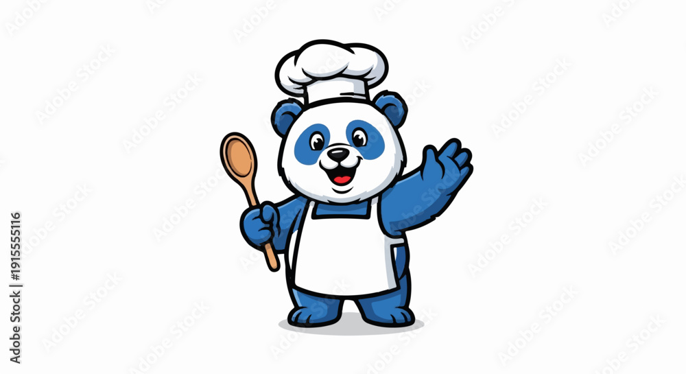 Fototapeta premium Cheerful blue panda bear in chef attire holding a wooden spoon