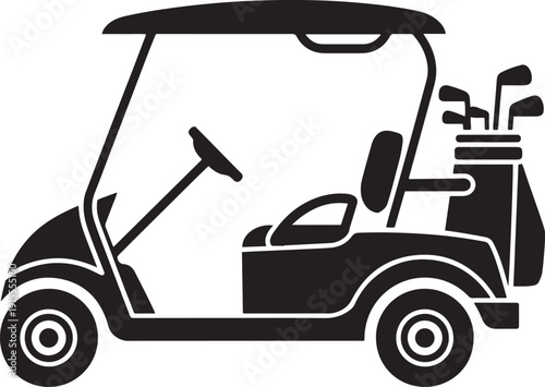Electric golf cart silhouette equipped with clubs in bag for sporting leisure on green fairways