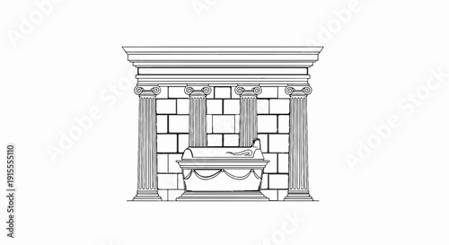 Classical temple facade with ornate sarcophagus and Ionic columns