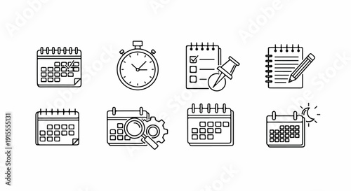 A collection of icons representing various planning and scheduling tools and activities Vector