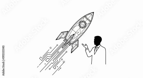 Businessman with rocket launching, abstract circuit board exhaust