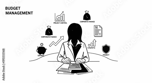 Businesswoman managing finances with icons for savings, project control, and taxes