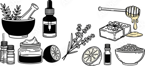 Collection of natural ingredients and bath items for self-care