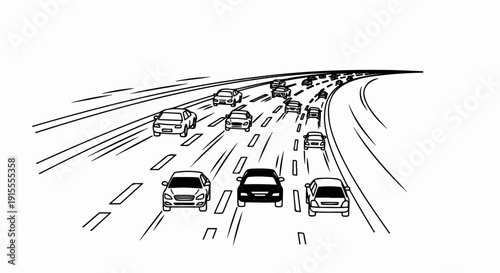 Busy highway with multiple lanes of cars driving along a winding road