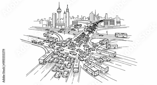 Busy highway interchange with a cityscape skyline in the background