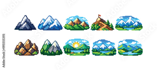Nature landscapes pixel icon set. Mountain, adventure, pixel art icons collection.