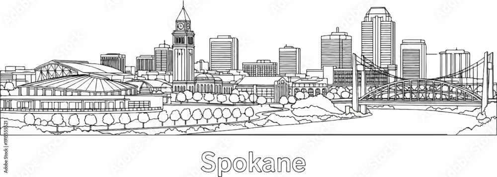 Fototapeta premium Cityscape line drawing featuring a clock tower, modern buildings, and a suspension bridge