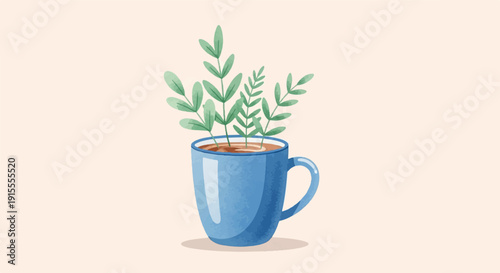 Blue mug filled with coffee topped with green sprigs