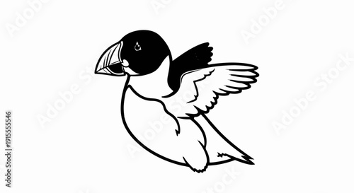 Cartoon puffin bird with black and white markings and wings outstretched