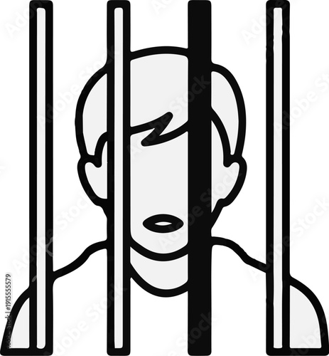 Cartoon outline of a person behind bars, looking sad