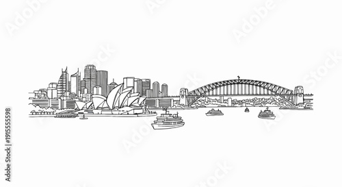 City skyline with iconic opera house and bridge over a harbor with boats