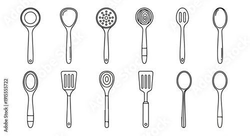 A collection of various kitchen utensils displayed in a row Vector
