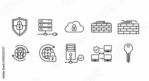 Illustration of various icons representing internet security and data protection concepts. Vector