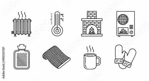 Illustrations of various heating methods and items for warmth Vector