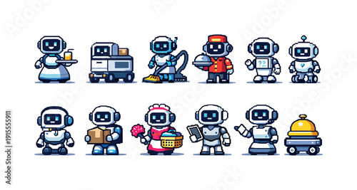 Robots, artificial intelligence flat icon set. Diverse ai roles in flat icon collection