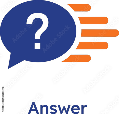 Professional vector icon of a blue speech bubble containing a white question mark with orange motion lines, representing a rapid answer, fast information retrieval, and dynamic support.
