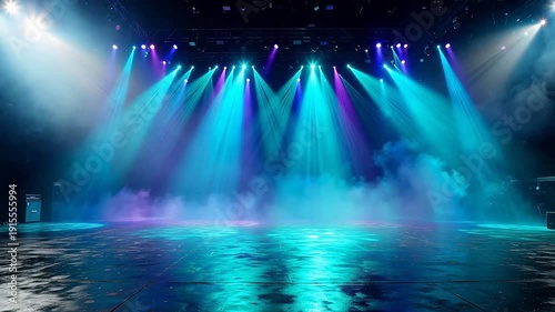 Empty stage with colorful lights and fog
