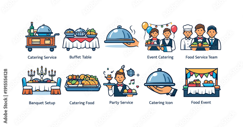 Fototapeta premium Catering service flat icon set. Buffet, event, food service, party catering icons.