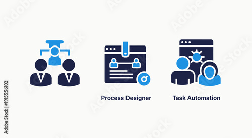 Modern Business Workflow and Automation Icons: Illustrating Process Design, Team Management, and Digital Task Optimization Solutions with Blue Tones