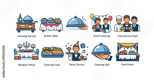 Catering service flat icon set. Buffet, event, food service, party catering icons.