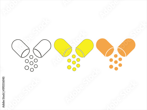 Opened Medical Capsule with Falling Granules vector icon set, Open Capsule Pill with Falling Granules Color Icon Set, blue, red, yellow collection 