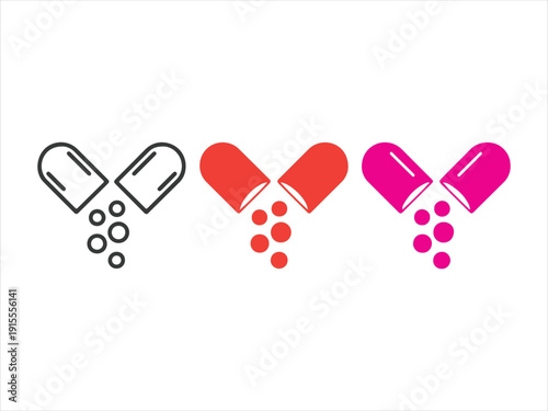 Opened Medical Capsule with Falling Granules vector icon set, Open Capsule Pill with Falling Granules Color Icon Set, blue, red, yellow collection 