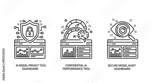 Advanced AI Data Management and Assurance Icons: Model Privacy, Performance Optimization, and Secure Audit Dashboard Concepts in Line Art Style