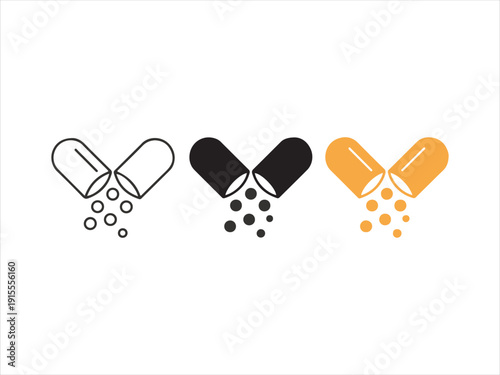 Open Capsule Pill icon set. Open capsule with granules for medicine flat black solid vector illustration