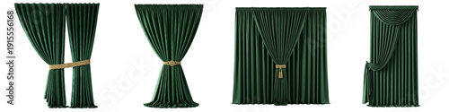 Obraz na plátně Dark Green Velvet Curtains and Drapes Set Isolated on White Background PNG, Luxury Emerald Window Treatments with Gold Tiebacks and Valance, Classic Interior Decor